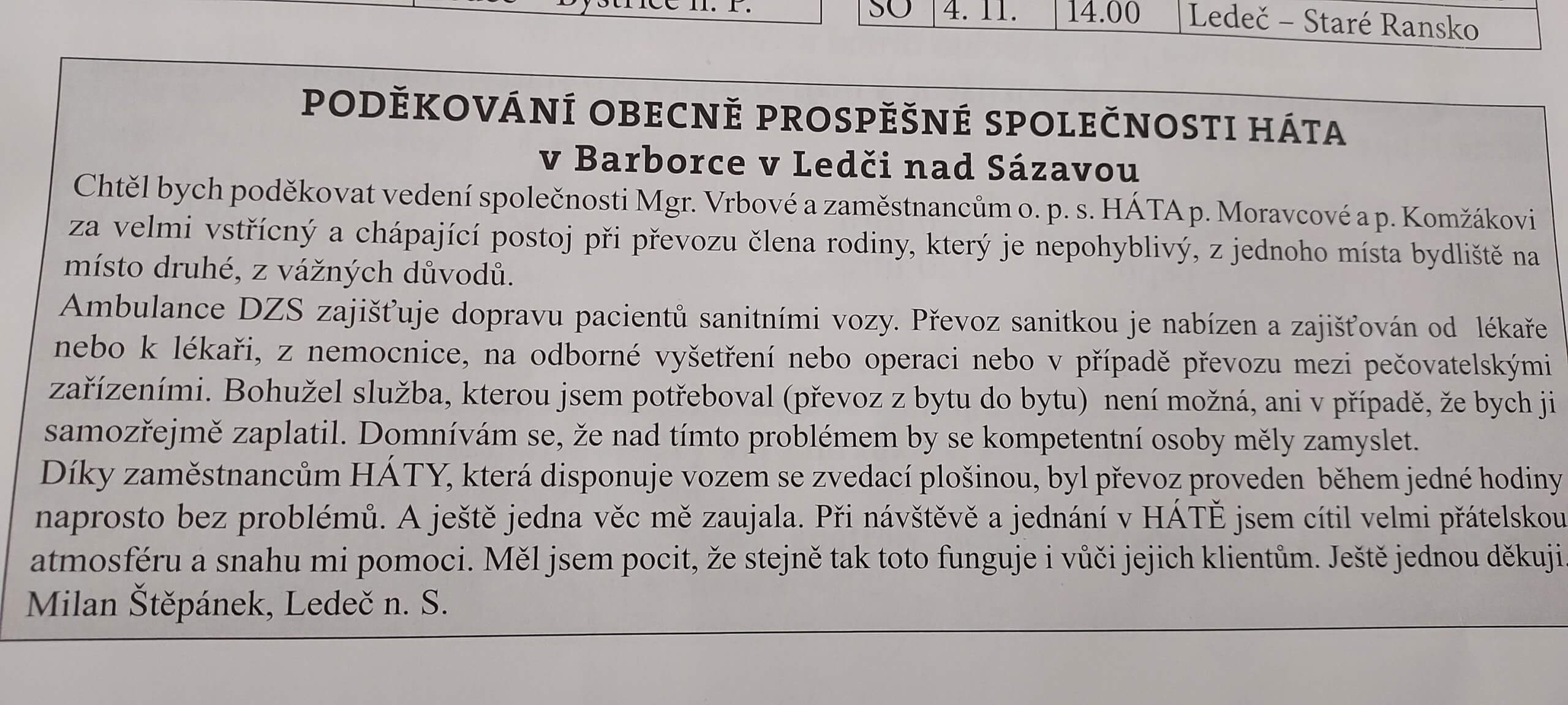 Poděkování Hátě, o.p.s.