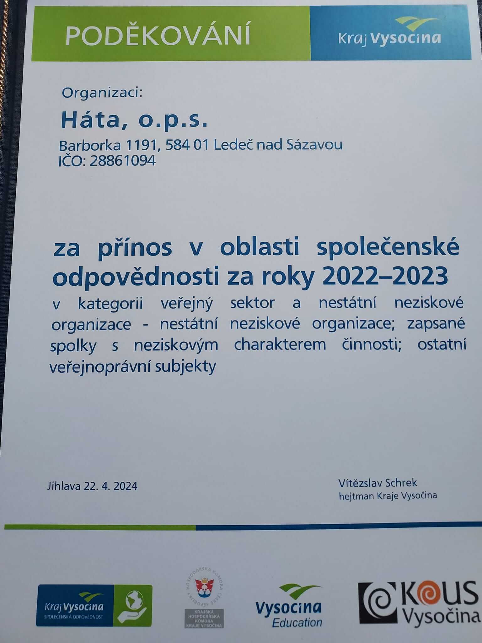 Ocenění pro Hátu,  o.p.s